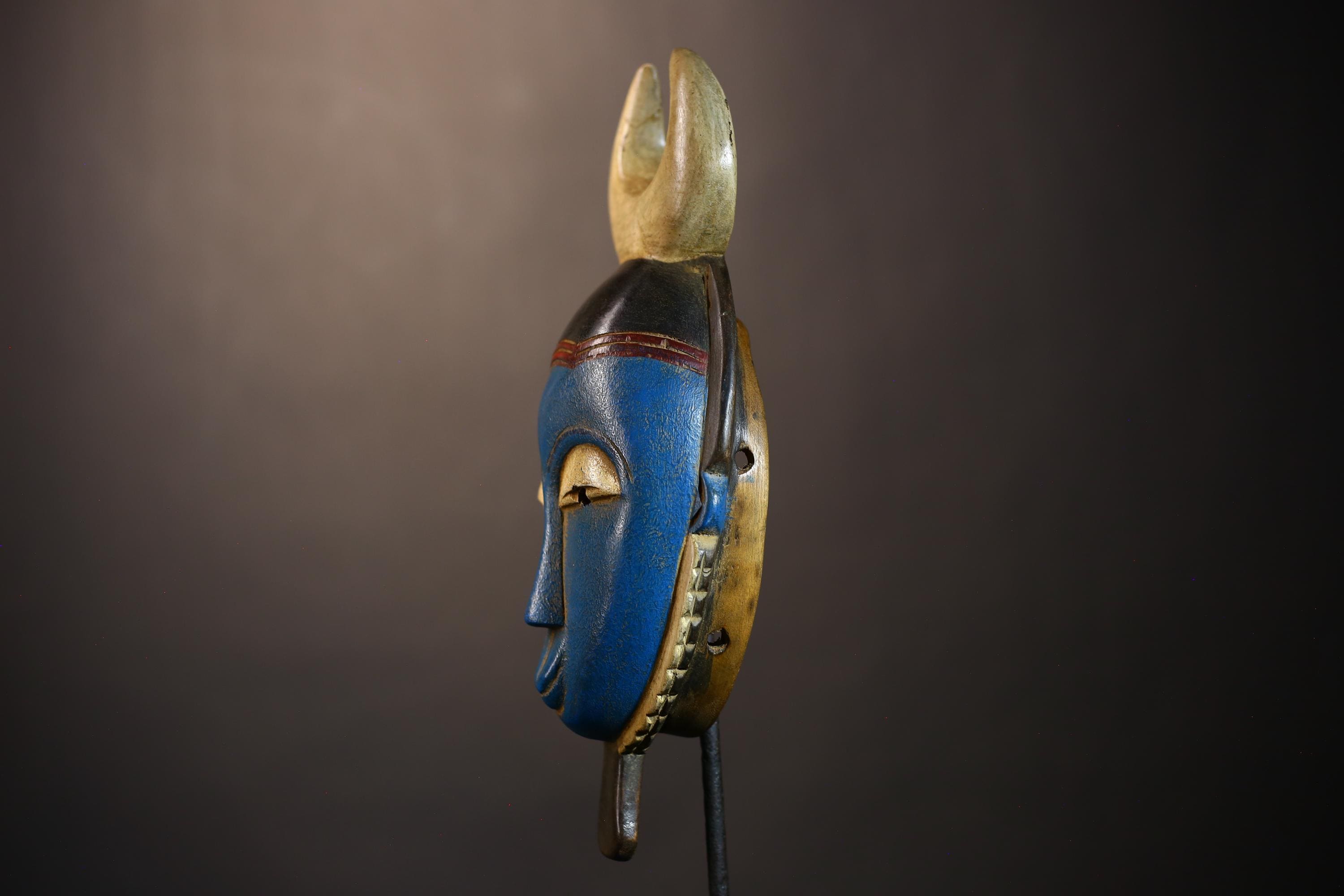 African Vintage Guro Mask Blue with Horns Unique Hand-Carved Wall Decor | Tribal Wall Art | Cultural Home Accent | Folk Art-G5044