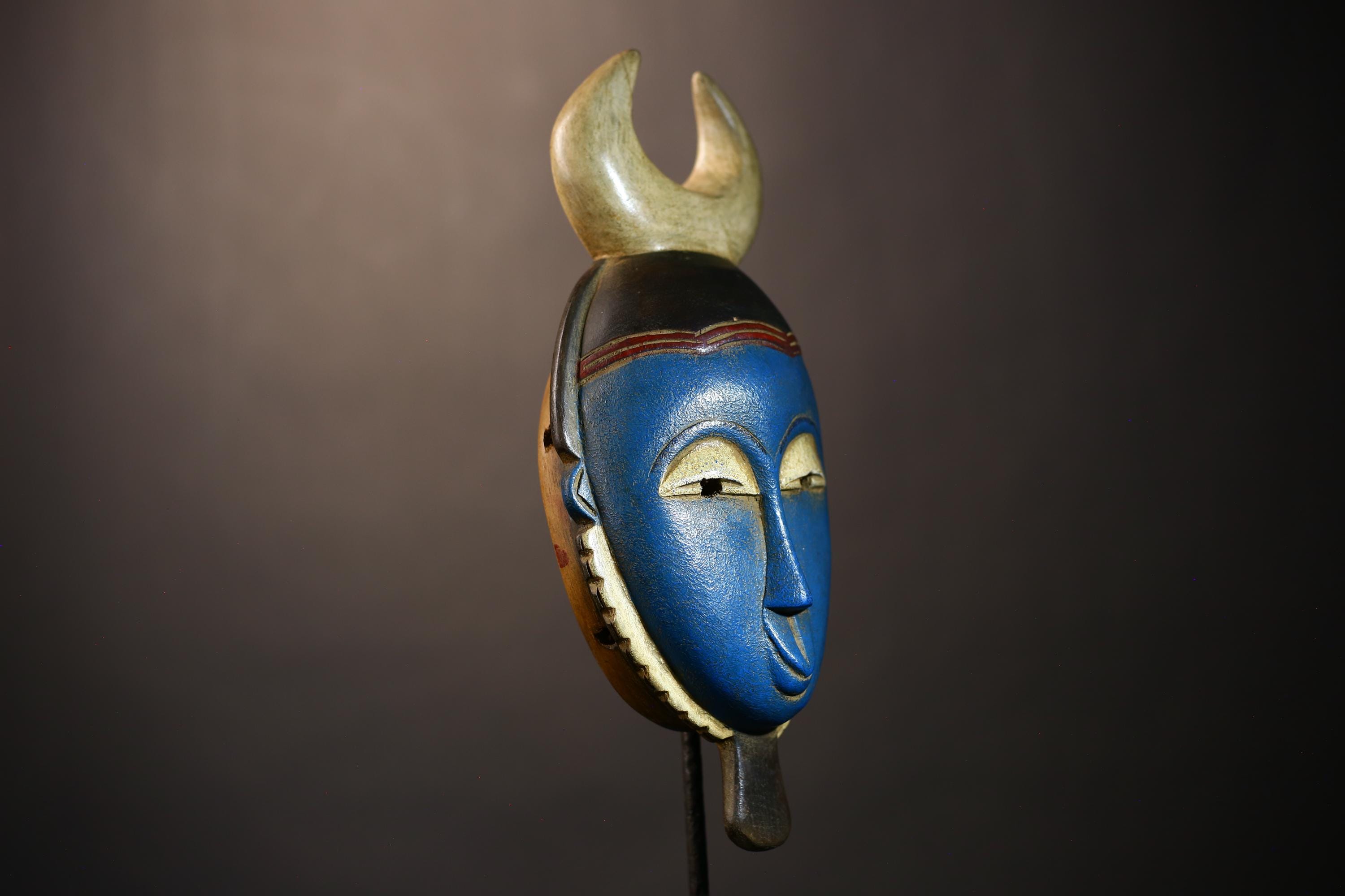 African Vintage Guro Mask Blue with Horns Unique Hand-Carved Wall Decor | Tribal Wall Art | Cultural Home Accent | Folk Art-G5044