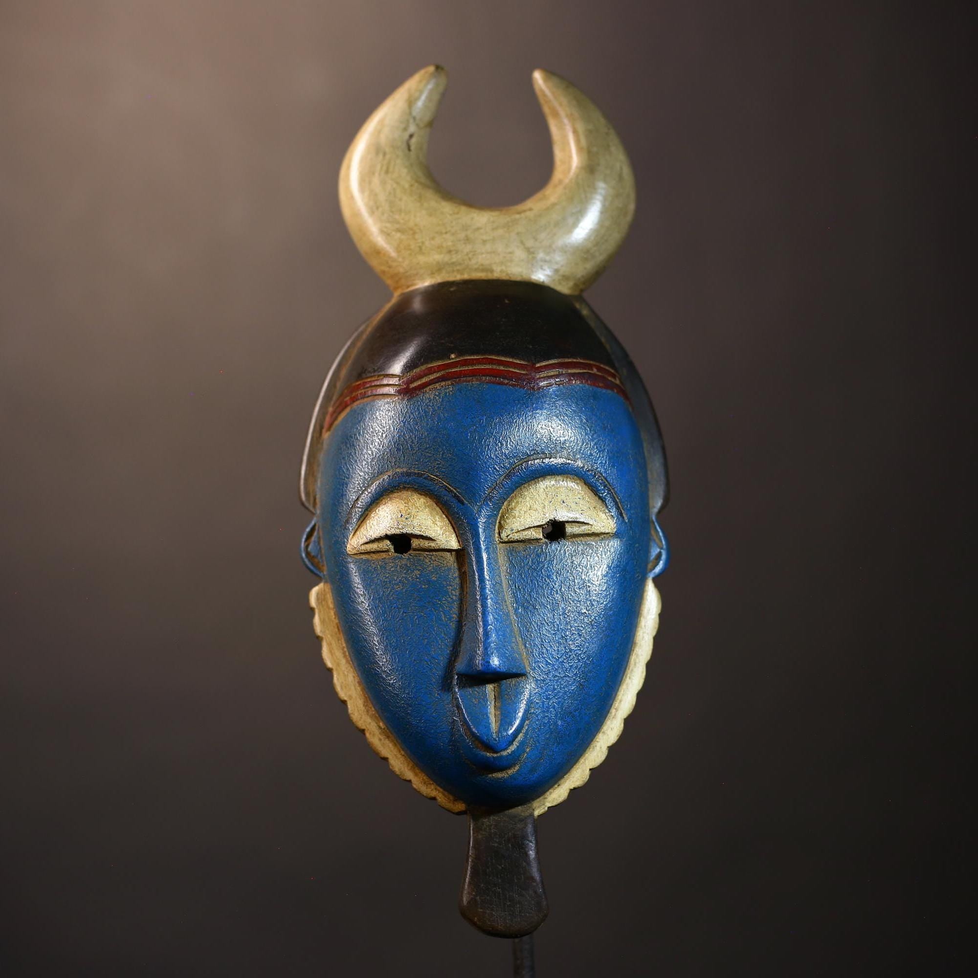 African Vintage Guro Mask Blue with Horns Unique Hand-Carved Wall Decor | Tribal Wall Art | Cultural Home Accent | Folk Art-G5044