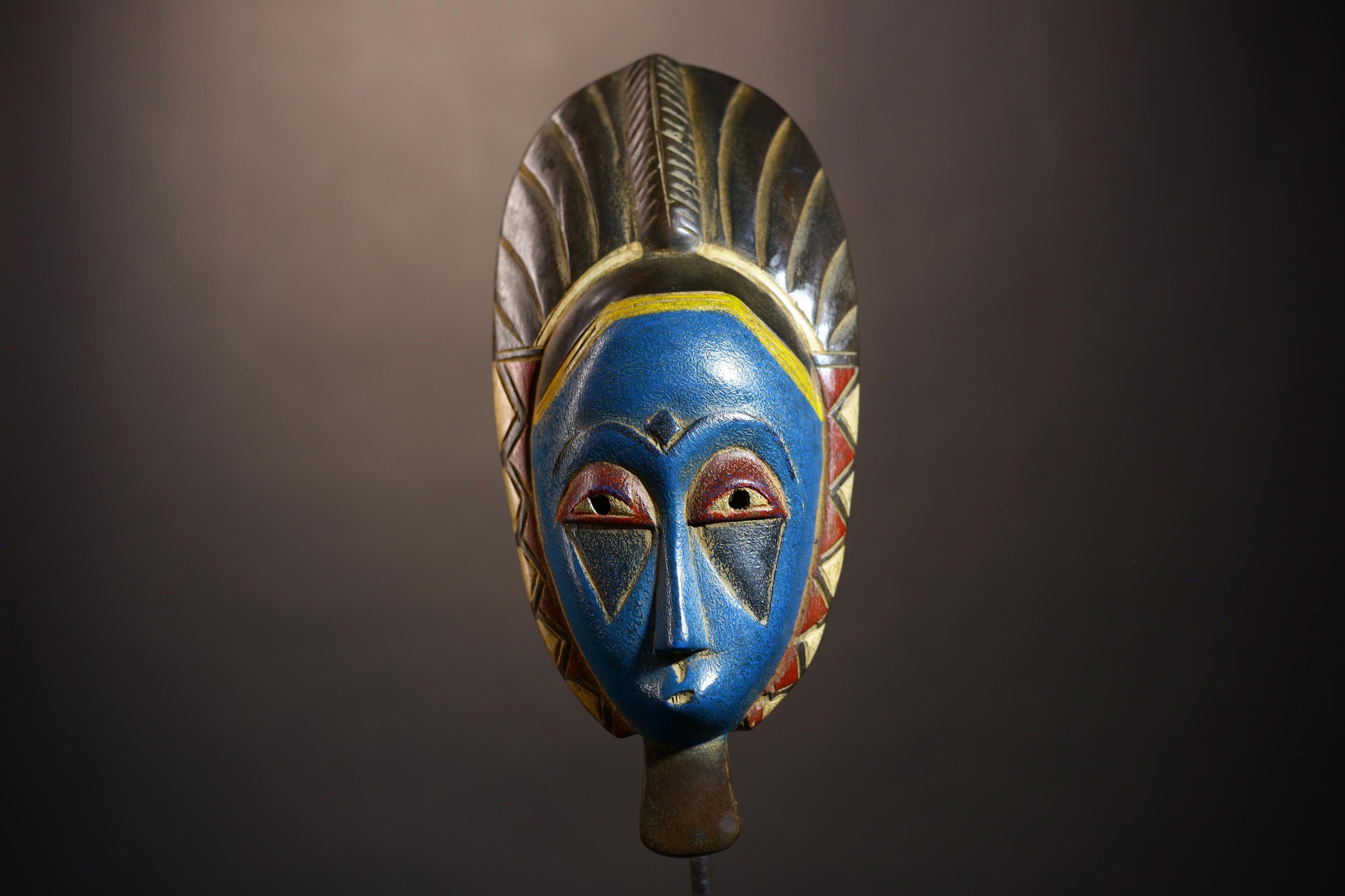 African Vintage Guro Mask Blue Hand-Carved Wooden Tribal Wall Decor | Unique Art | Ethnic Home Accents | Artisan Craft-G5042