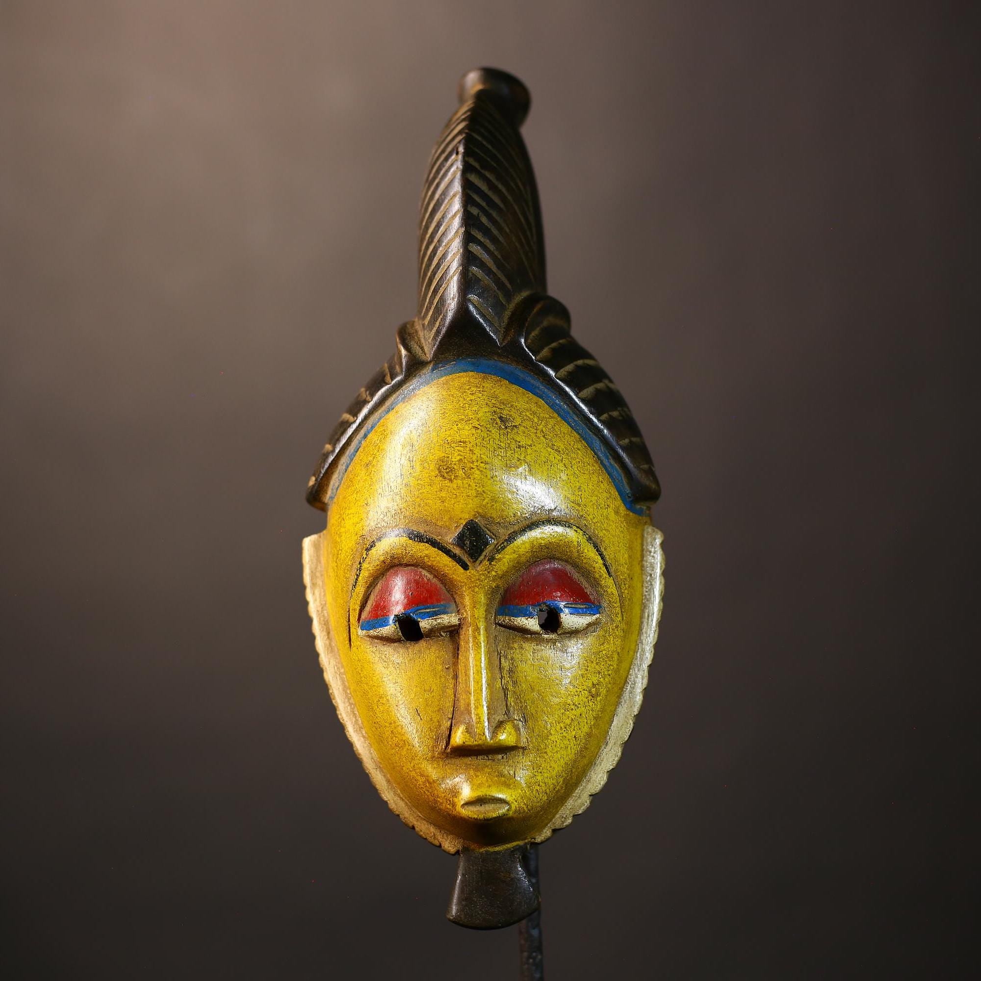 African Vintage Guro Mask | Handmade Yellow Wall Art | Unique Home Décor | Ethnic Accent | Artisan Craftsmanship-G5051