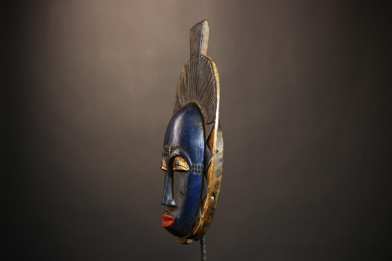 African Hand-Carved Guro Tribal Blue Mask Wooden Wall Art Vintage Decor-G4937