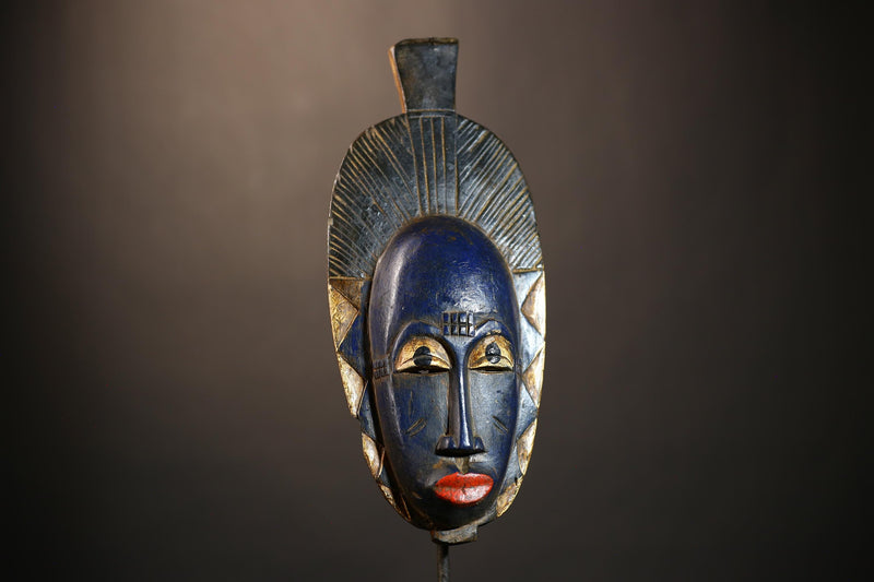 African Hand-Carved Guro Tribal Blue Mask Wooden Wall Art Vintage Decor-G4937