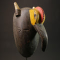 African tribal bird beak mask carved wood with horns red yellow painted eyes cultural wall art sculpture home decor West Africa- 2934