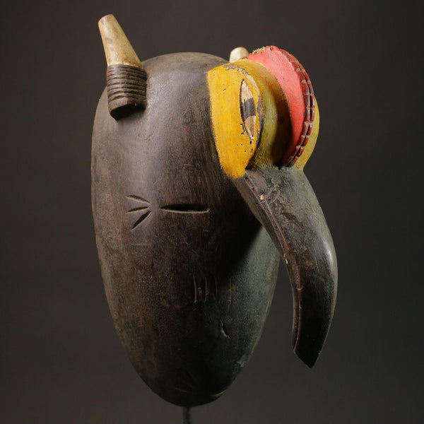 African tribal bird beak mask carved wood with horns red yellow painted eyes cultural wall art sculpture home decor West Africa- 2934