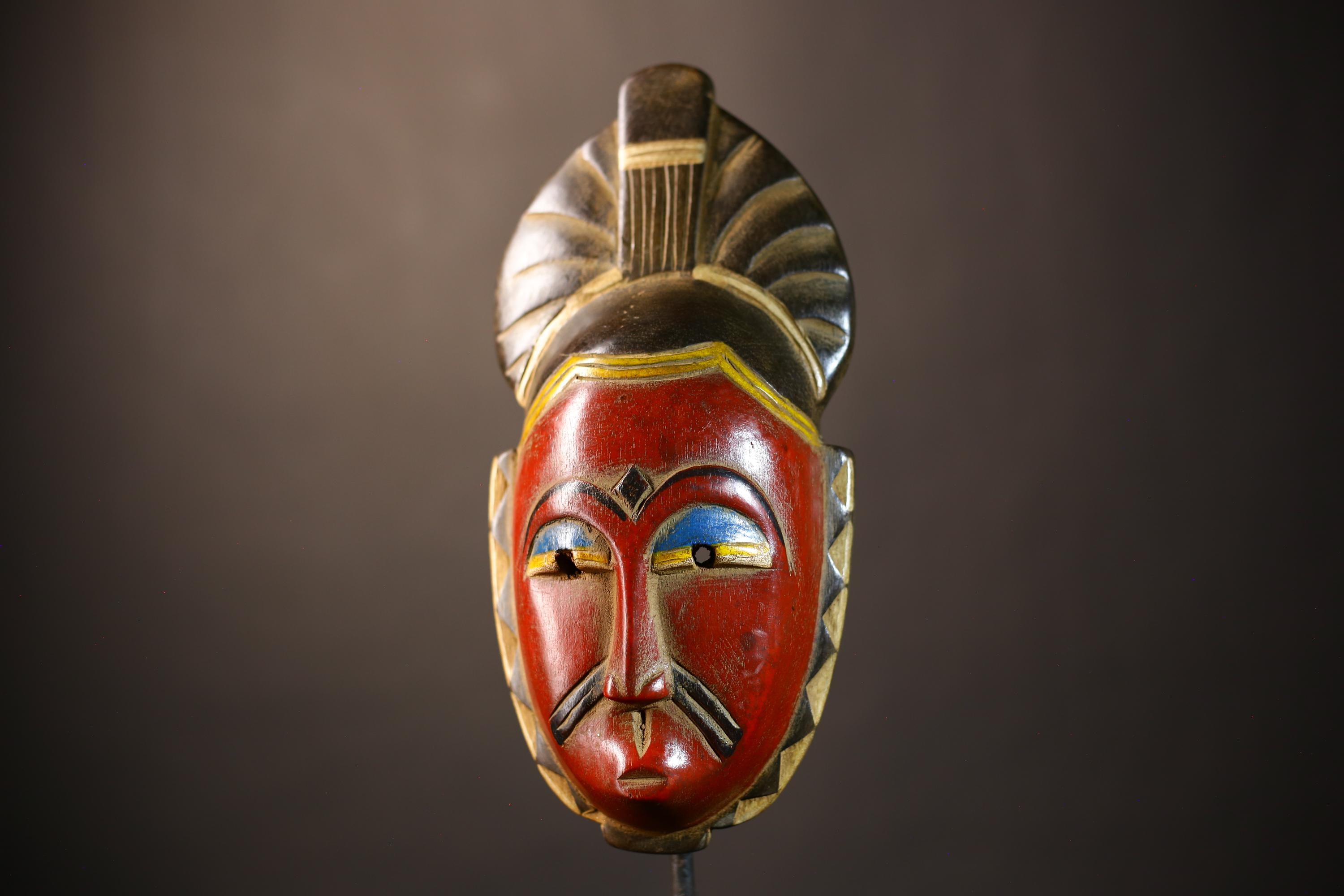 African Baule mask red face carved wood tribal art wall decor vintage home accent collectible handmade Côte dIvoire sculpture-G5104