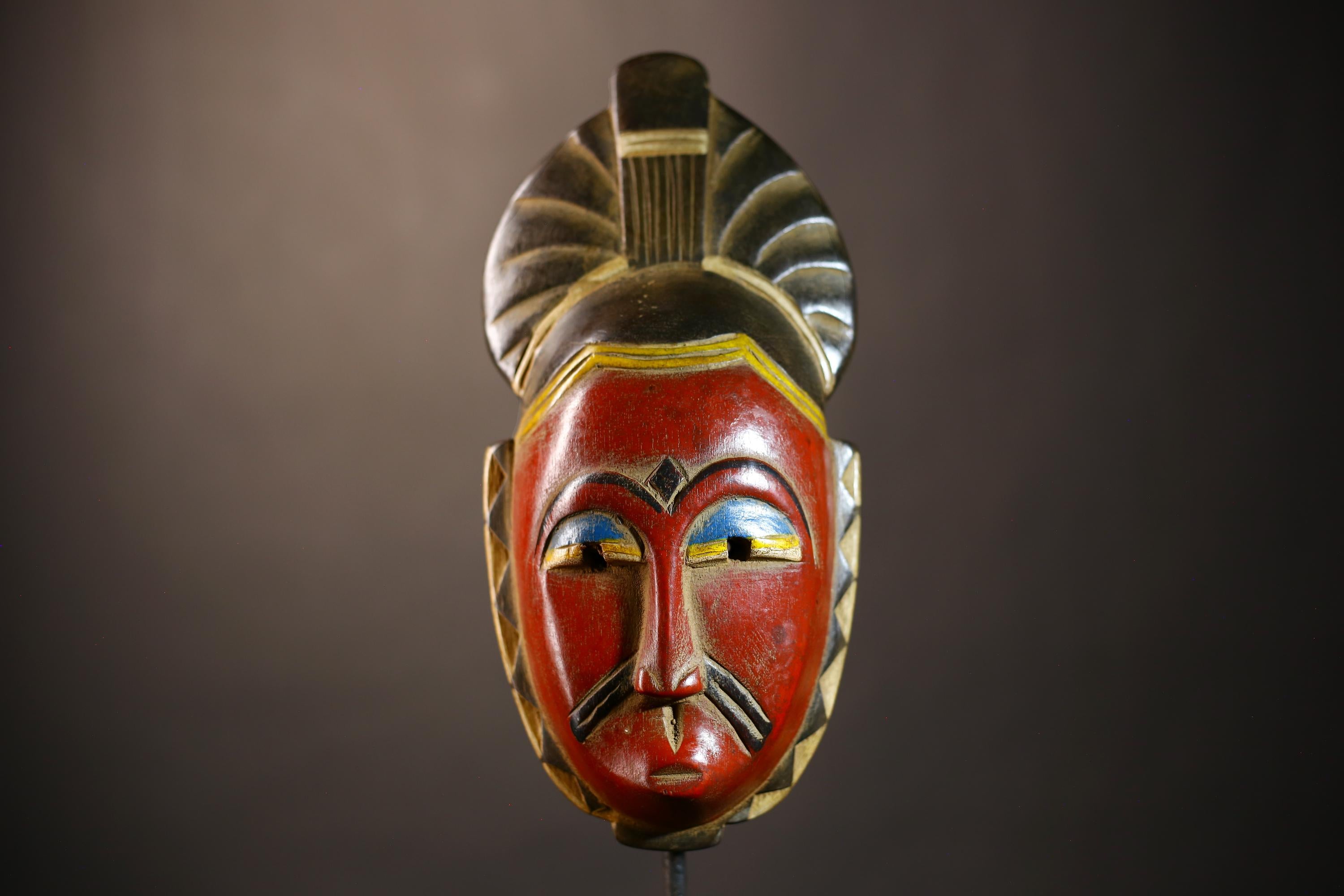 African Baule mask red face carved wood tribal art wall decor vintage home accent collectible handmade Côte dIvoire sculpture-G5104