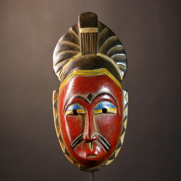 African Baule mask red face carved wood tribal art wall decor vintage home accent collectible handmade Côte dIvoire sculpture-G5104