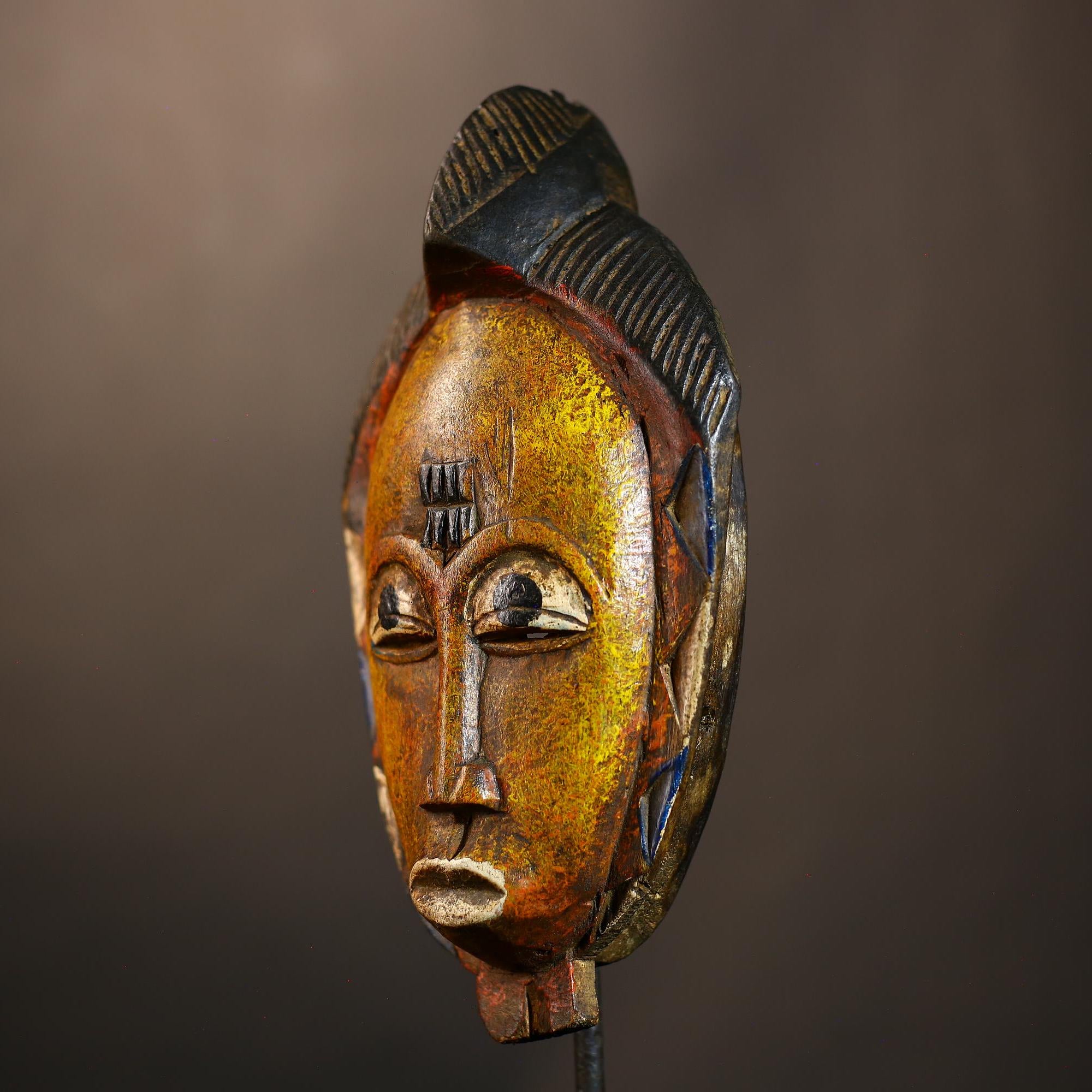 African Handmade Yellow Tribal Wood Mask | Guro Wall Hanging Decor Piece | Unique Ethnic Art | Authentic Cultural Mask for Home Decor -G4955