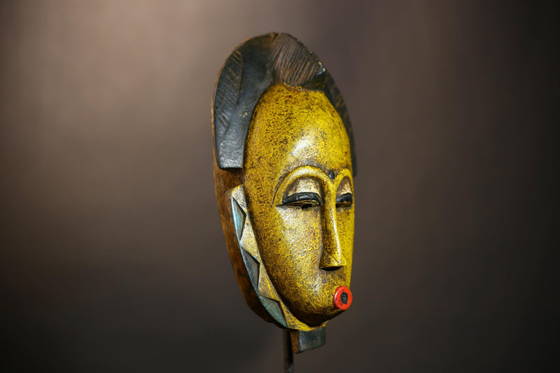 African Handmade Yellow Tribal Wood Mask | Guro Wall Hanging Decor Piece | Unique Ethnic Art | Authentic Decorative Mask for Home  -G4954