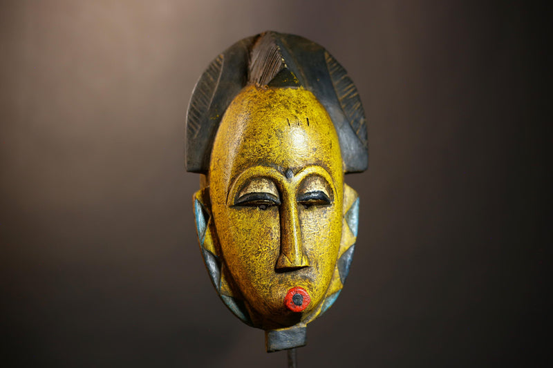 African Handmade Yellow Tribal Wood Mask | Guro Wall Hanging Decor Piece | Unique Ethnic Art | Authentic Decorative Mask for Home  -G4954