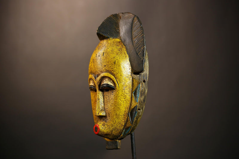 African Handmade Yellow Tribal Wood Mask | Guro Wall Hanging Decor Piece | Unique Ethnic Art | Authentic Decorative Mask for Home  -G4954