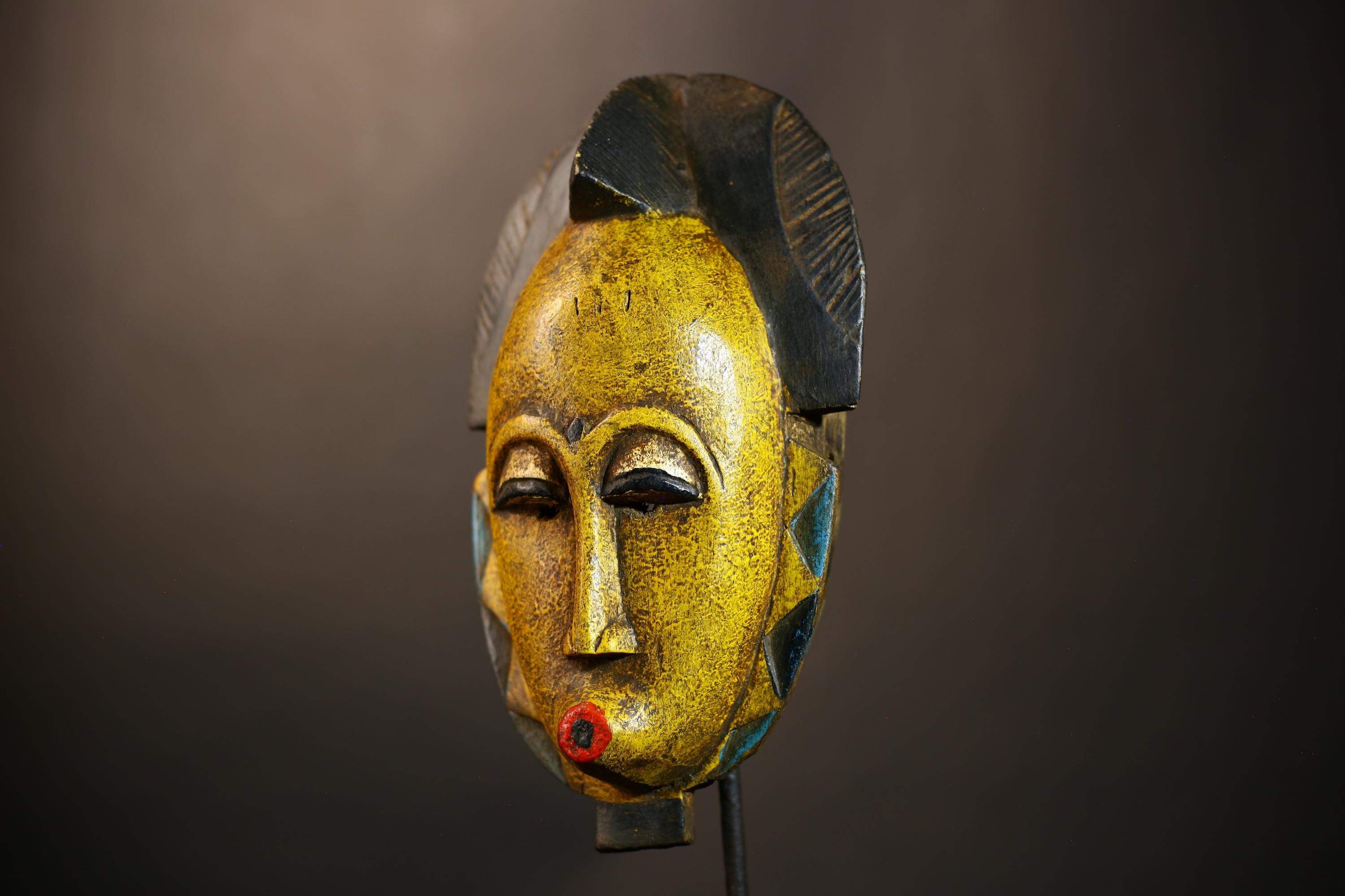 African Handmade Yellow Tribal Wood Mask | Guro Wall Hanging Decor Piece | Unique Ethnic Art | Authentic Decorative Mask for Home  -G4954