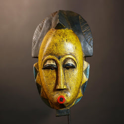 African Handmade Yellow Tribal Wood Mask | Guro Wall Hanging Decor Piece | Unique Ethnic Art | Authentic Decorative Mask for Home  -G4954