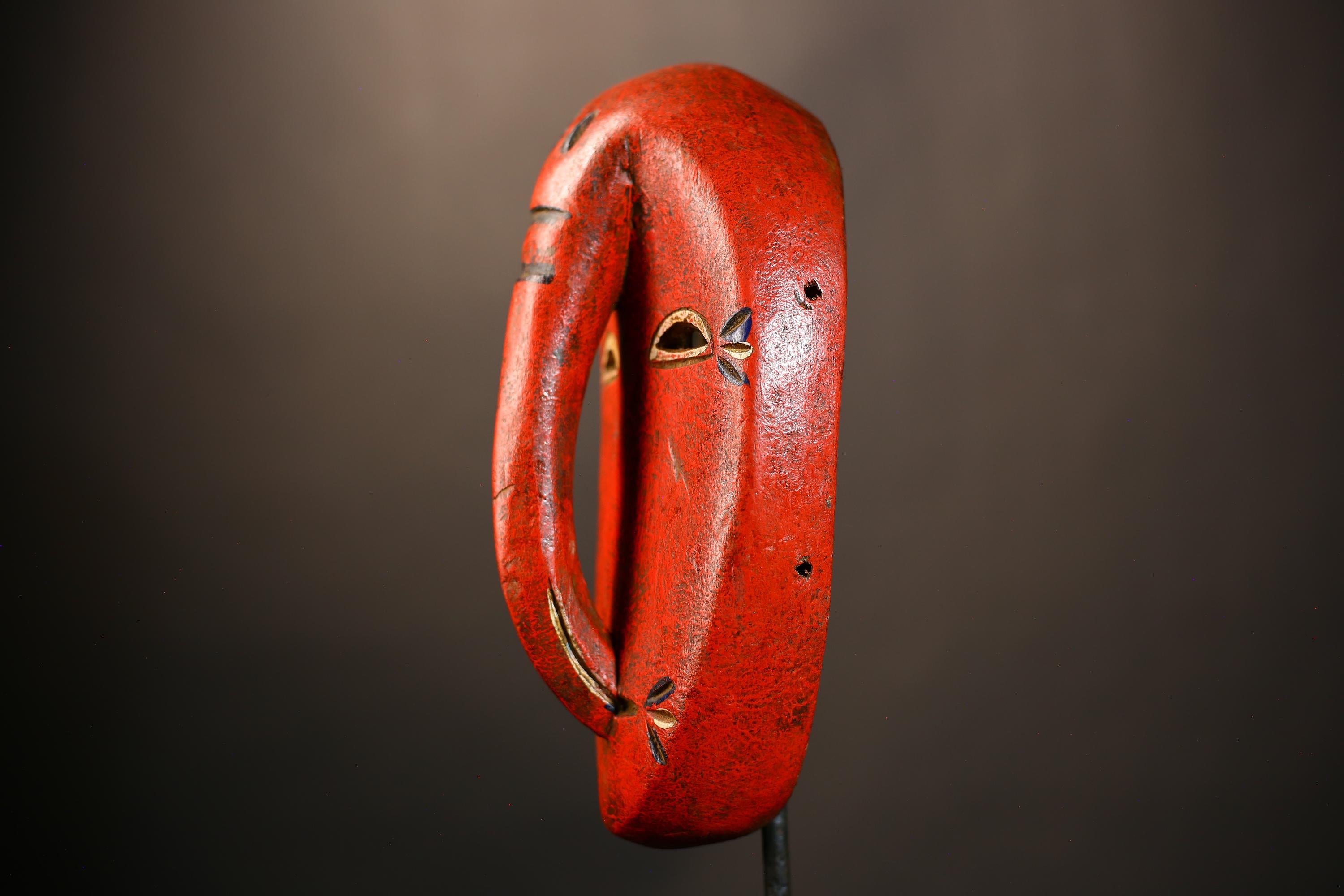 African Tribal Red Elephant Nose Mask | Unique Wooden Face Art Decor | Handcrafted Ethnic Wall Hanging | Vibrant Cultural Home Accent-G4953