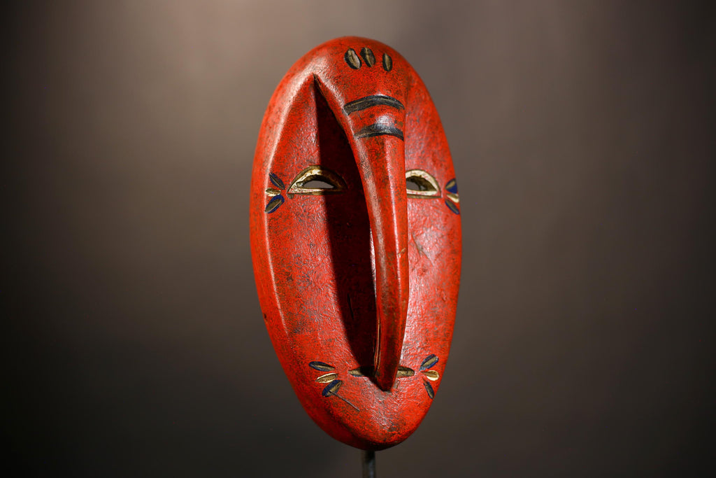 African Tribal Red Elephant Nose Mask | Unique Wooden Face Art Decor | Handcrafted Ethnic Wall Hanging | Vibrant Cultural Home Accent-G4953