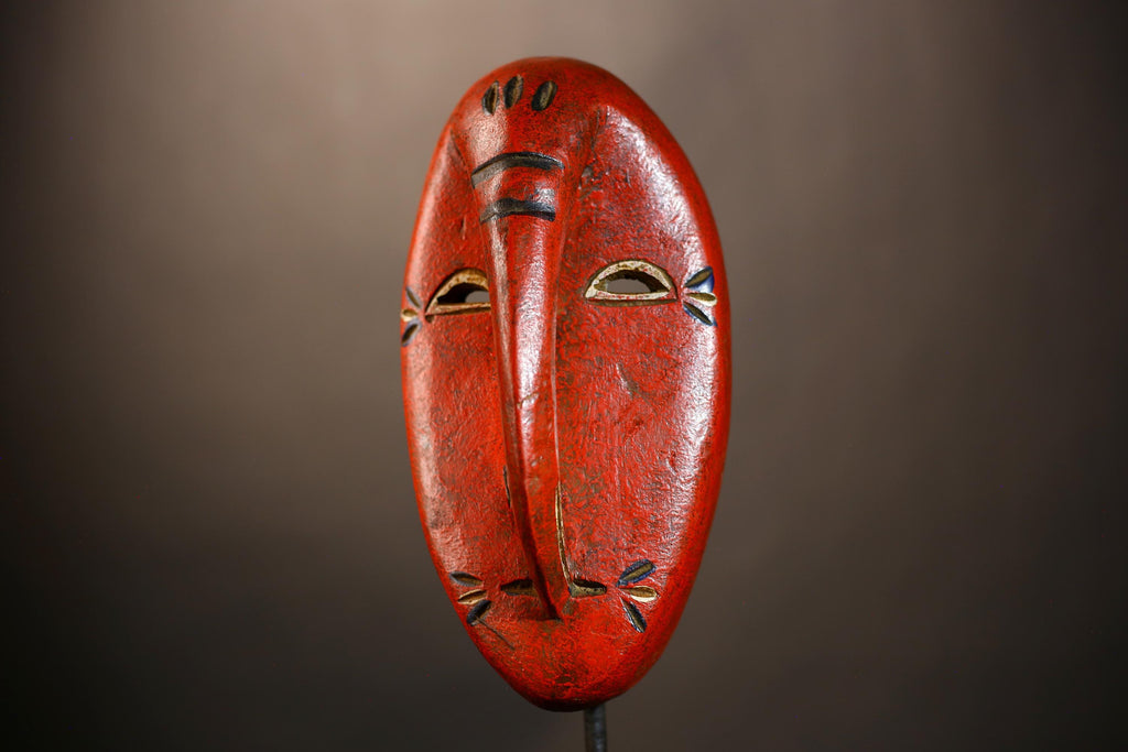 African Tribal Red Elephant Nose Mask | Unique Wooden Face Art Decor | Handcrafted Ethnic Wall Hanging | Vibrant Cultural Home Accent-G4953