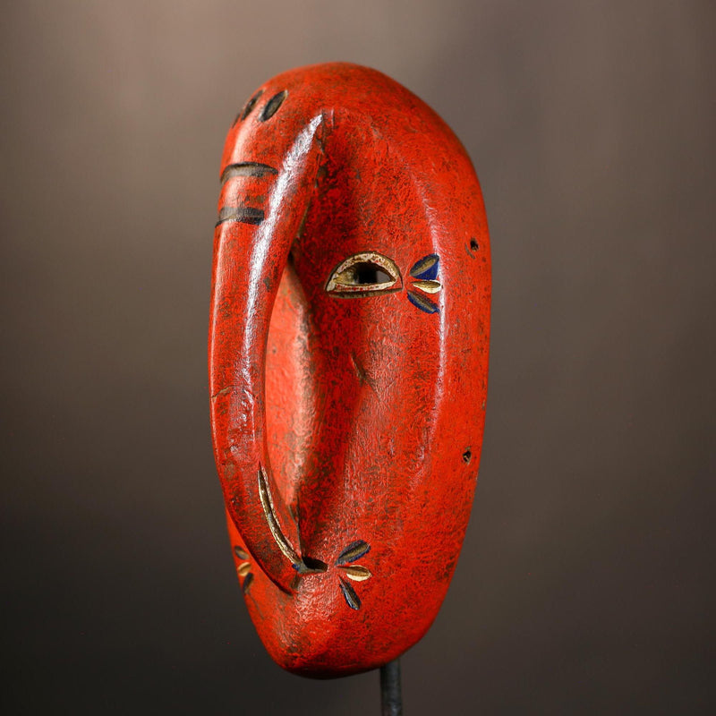 African Tribal Red Elephant Nose Mask | Unique Wooden Face Art Decor | Handcrafted Ethnic Wall Hanging | Vibrant Cultural Home Accent-G4953