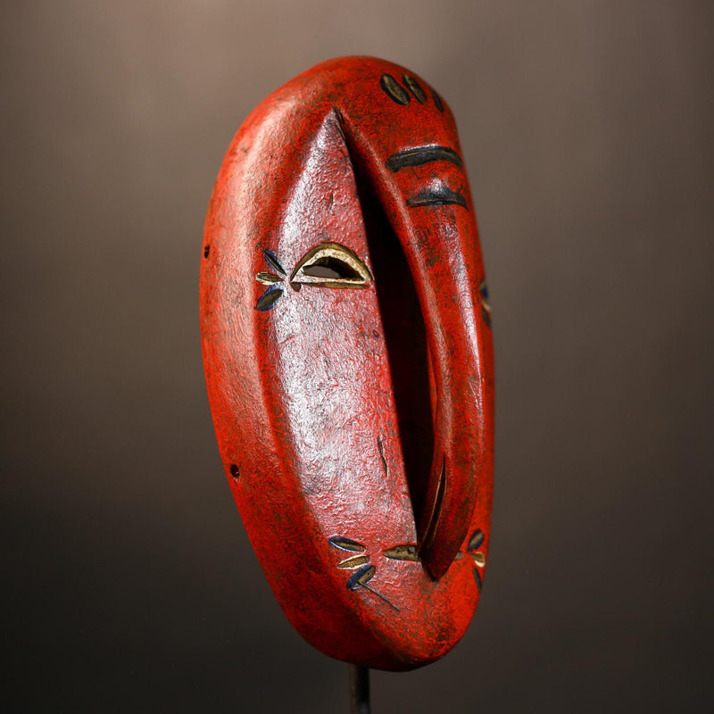 African Tribal Red Elephant Nose Mask | Unique Wooden Face Art Decor | Handcrafted Ethnic Wall Hanging | Vibrant Cultural Home Accent-G4953