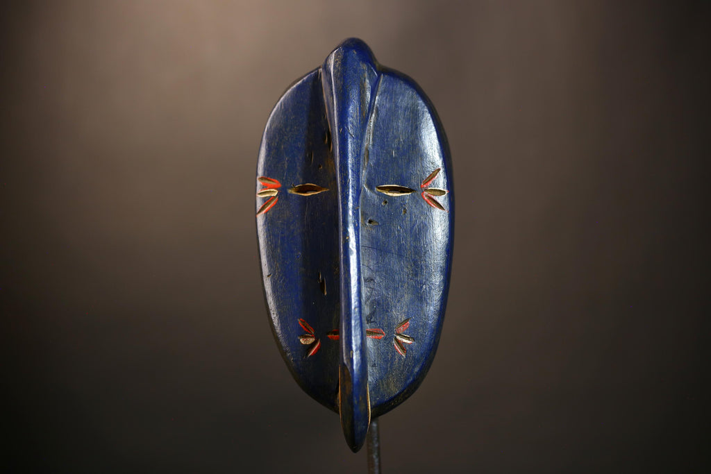 African Tribal Blue Elephant Nose Mask | Unique Wooden Face Art Decor | Handcrafted Ethnic Wall Art | Vibrant Cultural Home Accent  -G4952