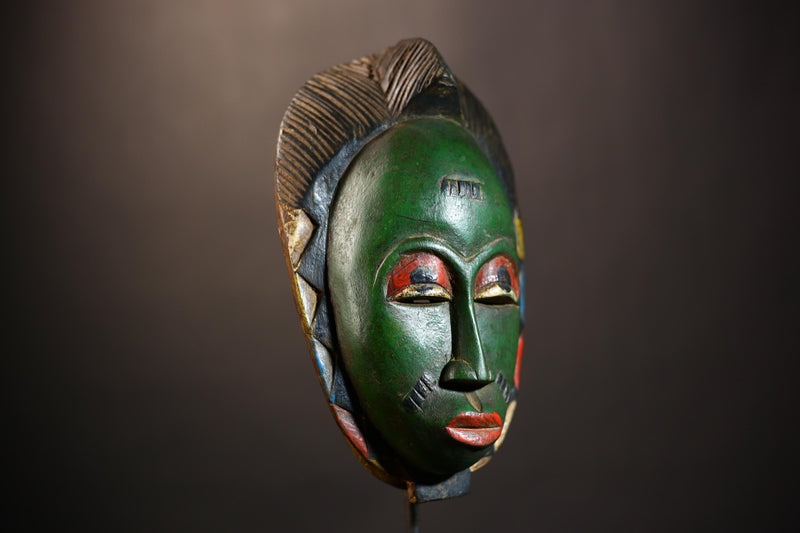 African Mask - Green Baule Decor | Unique Cultural Style Wall Art Sculpture | Handmade Tribal Home Accent Piece-G4970