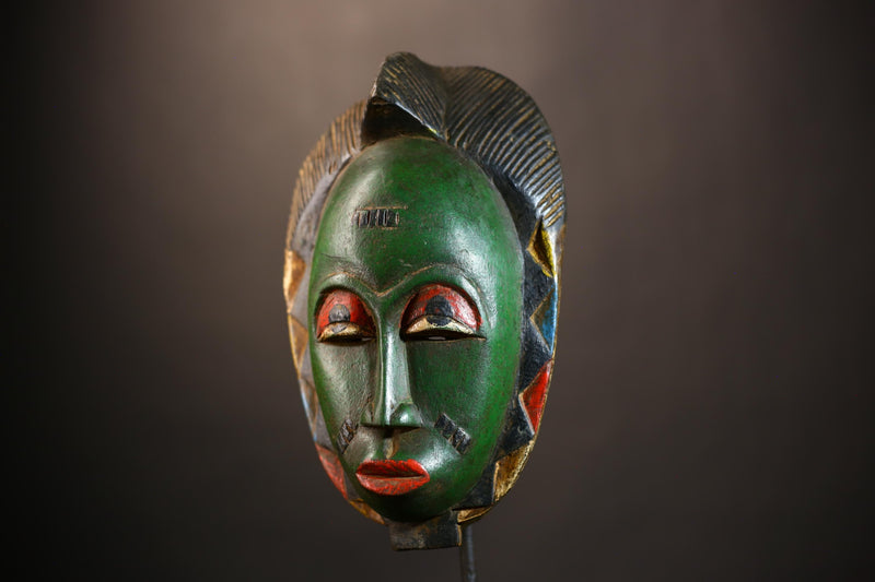 African Mask - Green Baule Decor | Unique Cultural Style Wall Art Sculpture | Handmade Tribal Home Accent Piece-G4970