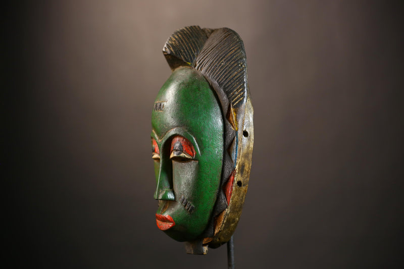 African Mask - Green Baule Decor | Unique Cultural Style Wall Art Sculpture | Handmade Tribal Home Accent Piece-G4970