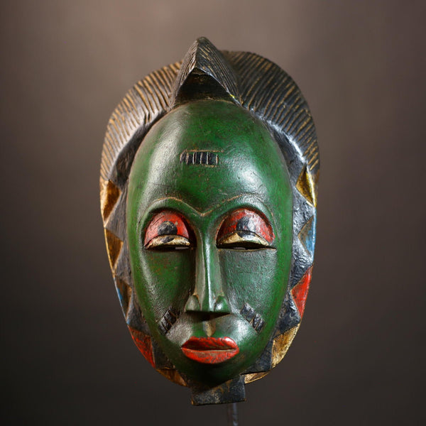 African Mask - Green Baule Decor | Unique Cultural Style Wall Art Sculpture | Handmade Tribal Home Accent Piece-G4970