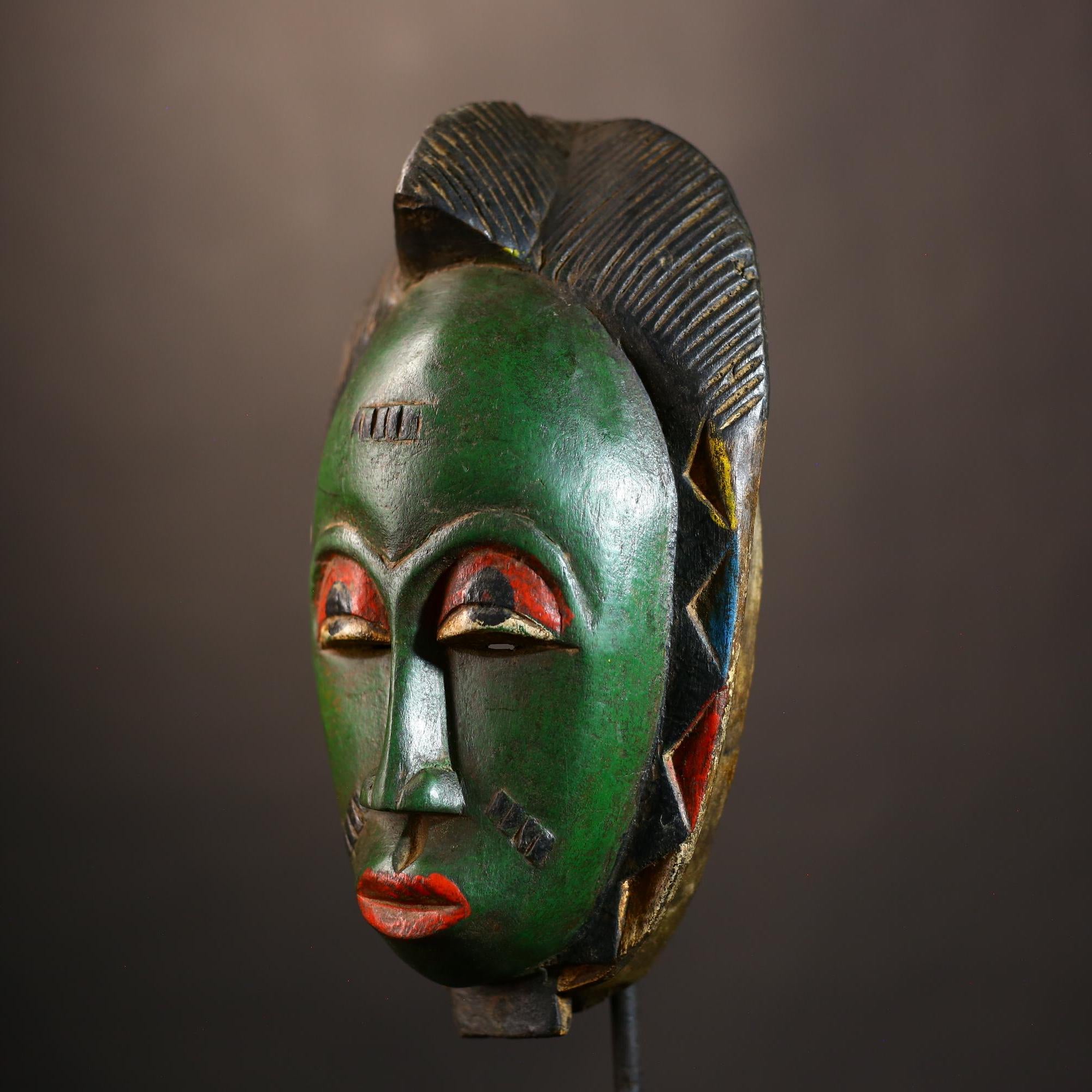 African Mask - Green Baule Decor | Unique Cultural Style Wall Art Sculpture | Handmade Tribal Home Accent Piece-G4970