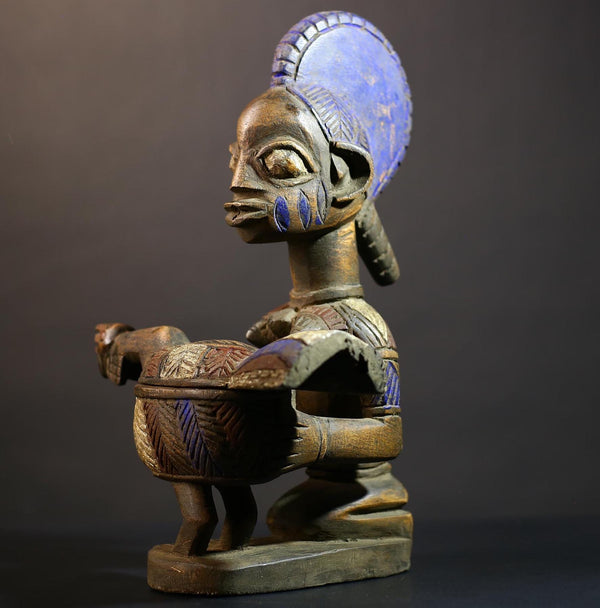 African Vintage Antique Art | Yoruba Peoples Figure | Olumeye Offering Bowl | Unique Cultural Decor Piece-G4985