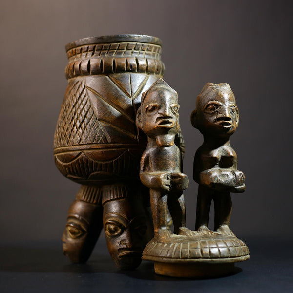 African Vintage Figurative Bowl Bearer Statue | Traditional Yoruba Art | Unique Home Decor | Cultural Collectible Sculpture-G4979