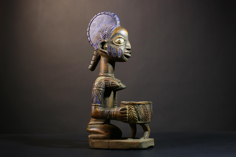 African Vintage Antique Carved Wood Figure | Traditional Art Lady with Dish | Unique Home Decor | Handcrafted Cultural Collectible-G4994