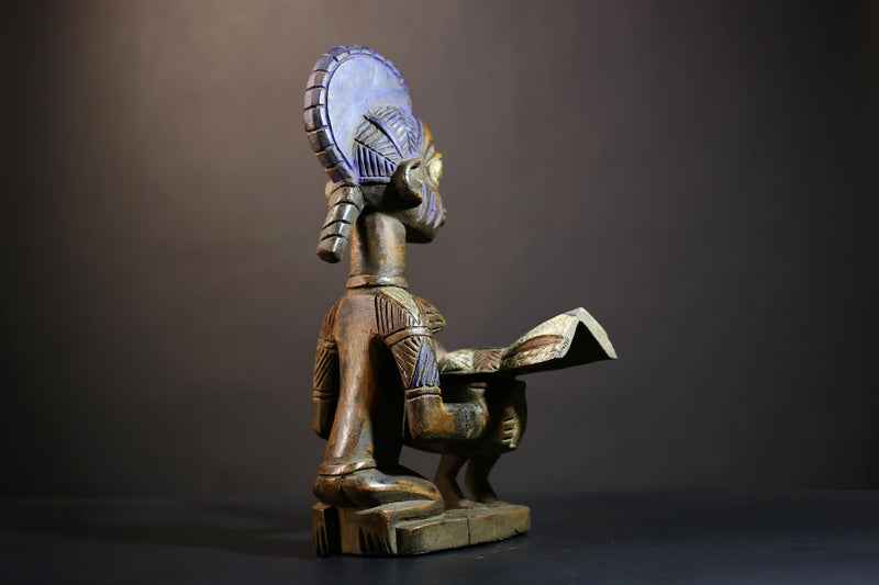 African Vintage Antique Carved Wood Figure | Traditional Art Lady with Dish | Unique Home Decor | Handcrafted Cultural Collectible-G4994