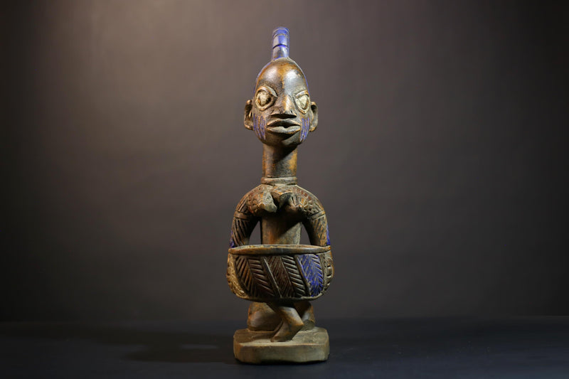 African Vintage Antique Carved Wood Figure | Traditional Art Lady with Dish | Unique Home Decor | Handcrafted Cultural Collectible-G4994