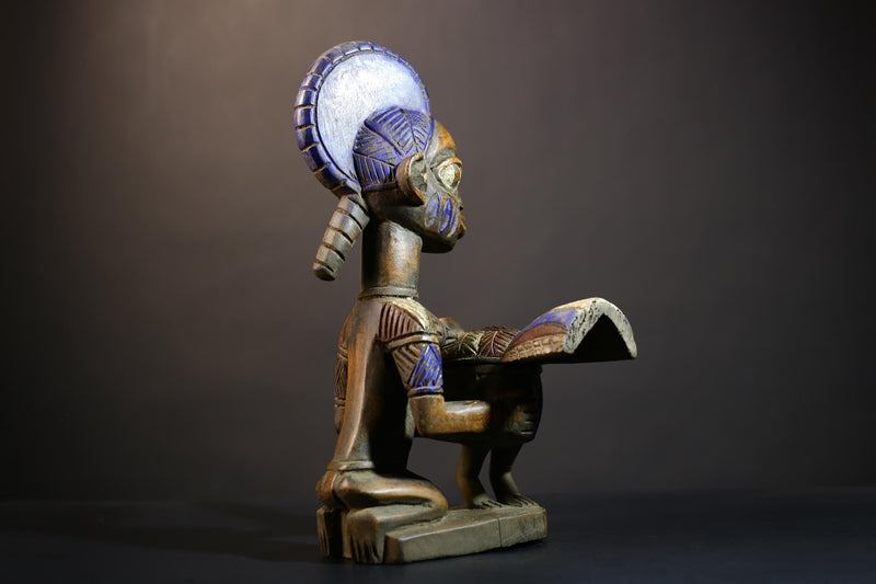 African Vintage Antique Wood Figure | Traditional Carved Art | Elegant Lady with Dish | Unique Home Decor | Collectible Sculpture-G4991