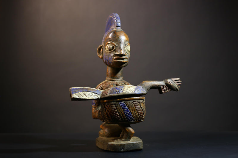 African Vintage Carved Wood Figure | Antique Traditional Art | Elegant Lady with Dish | Unique Home Decor | Collectible Sculpture-G4992