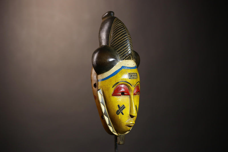 African Vintage Mask | Unique Baule Guro Yellow Wooden Wall Art Decor | Ethnic Accent for Home | Collectible Tribal Artwork-G5019