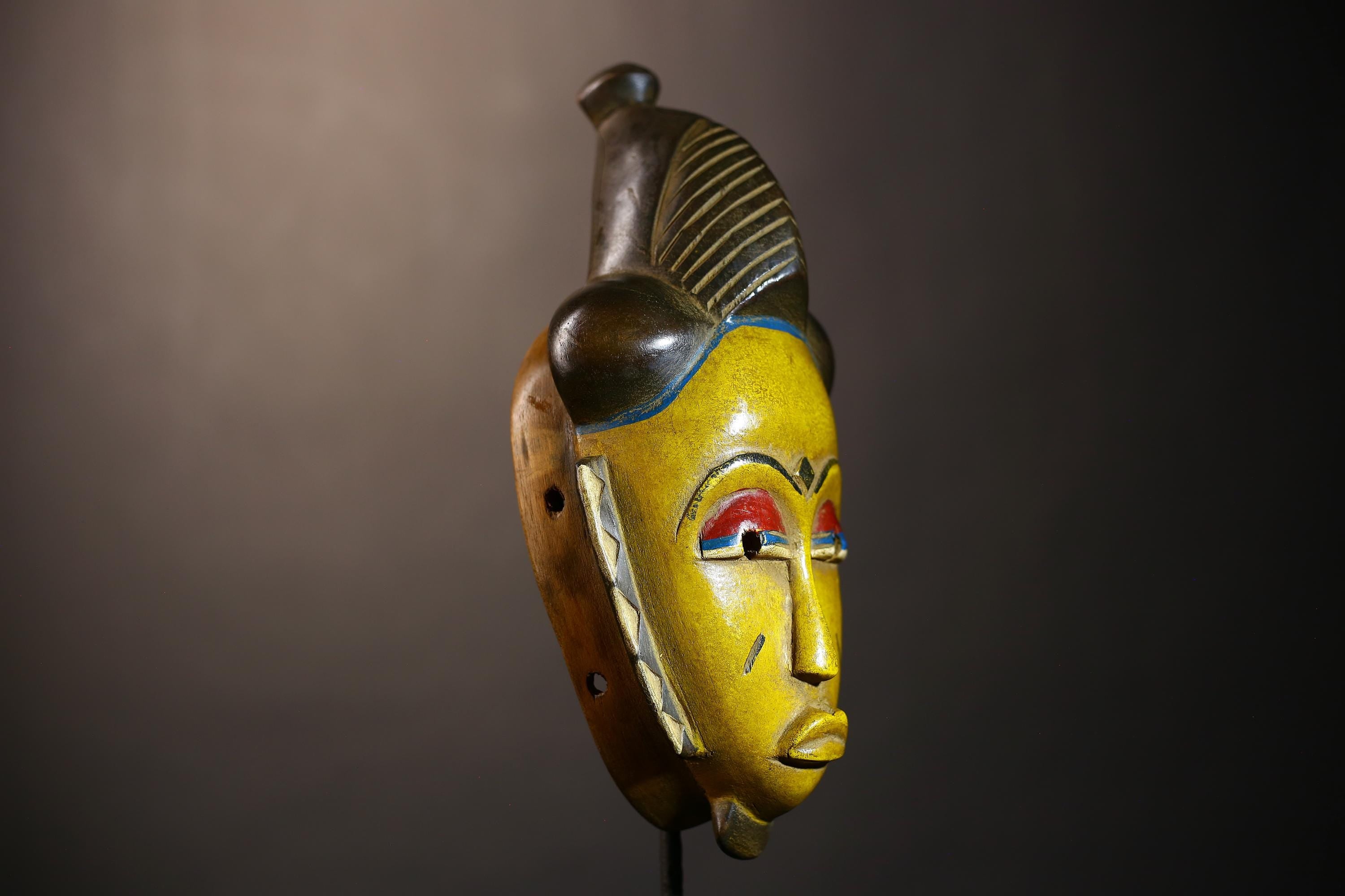 African Vintage Baule Guro Mask | Unique Yellow Wooden Wall Art Decor | Ethnic Home Accent | Collectible Tribal Decor-G5018