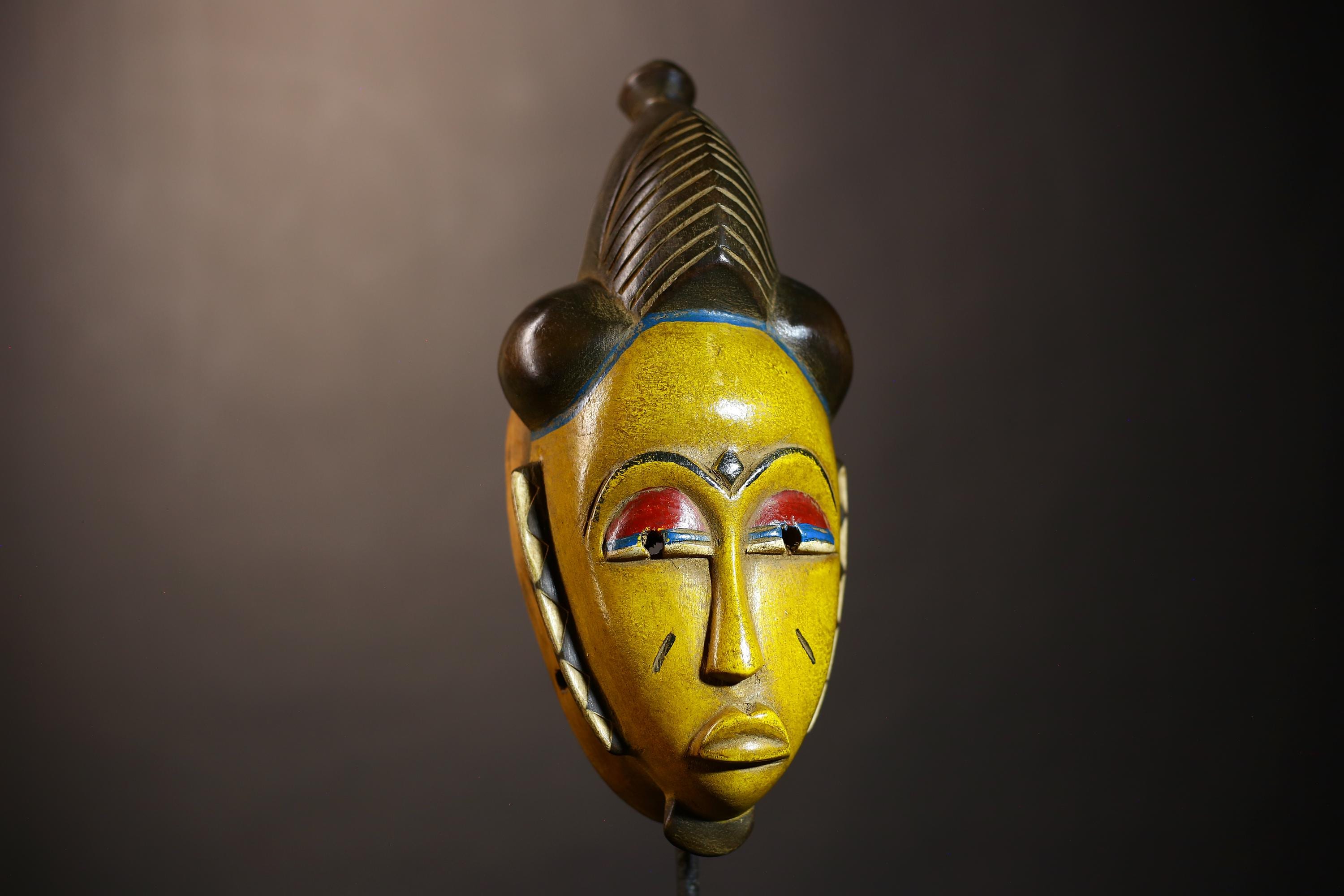 African Vintage Baule Guro Mask | Unique Yellow Wooden Wall Art Decor | Ethnic Home Accent | Collectible Tribal Decor-G5018