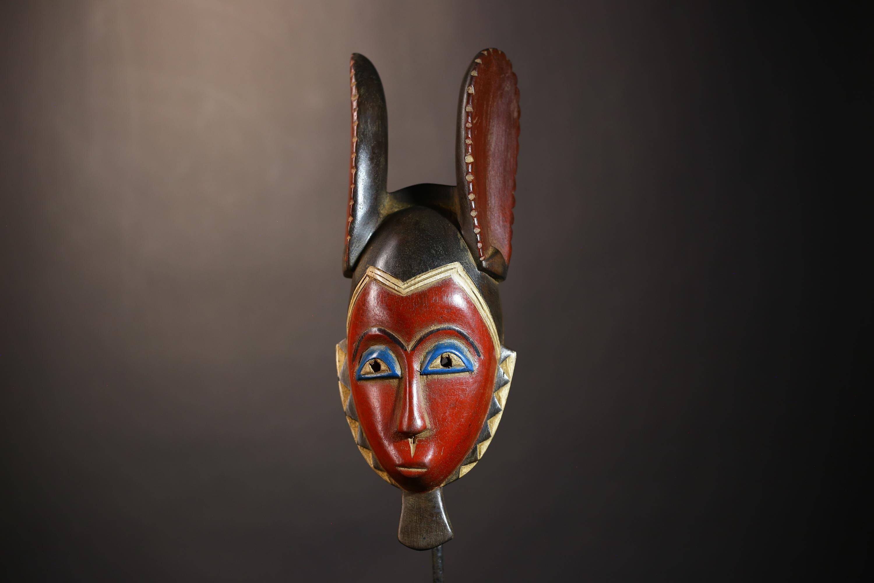 African Vintage Guro Mask Red with Rabbit Ears Unique Hand-Carved Wall Decor Art | Tribal Decor | Folk Art | Home Decor-G5045