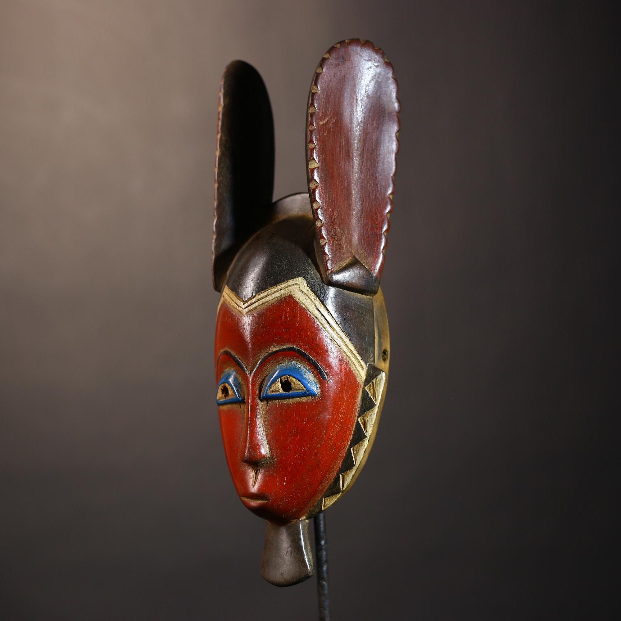 African Vintage Guro Mask Red with Rabbit Ears Unique Hand-Carved Wall Decor Art | Tribal Decor | Folk Art | Home Decor-G5045