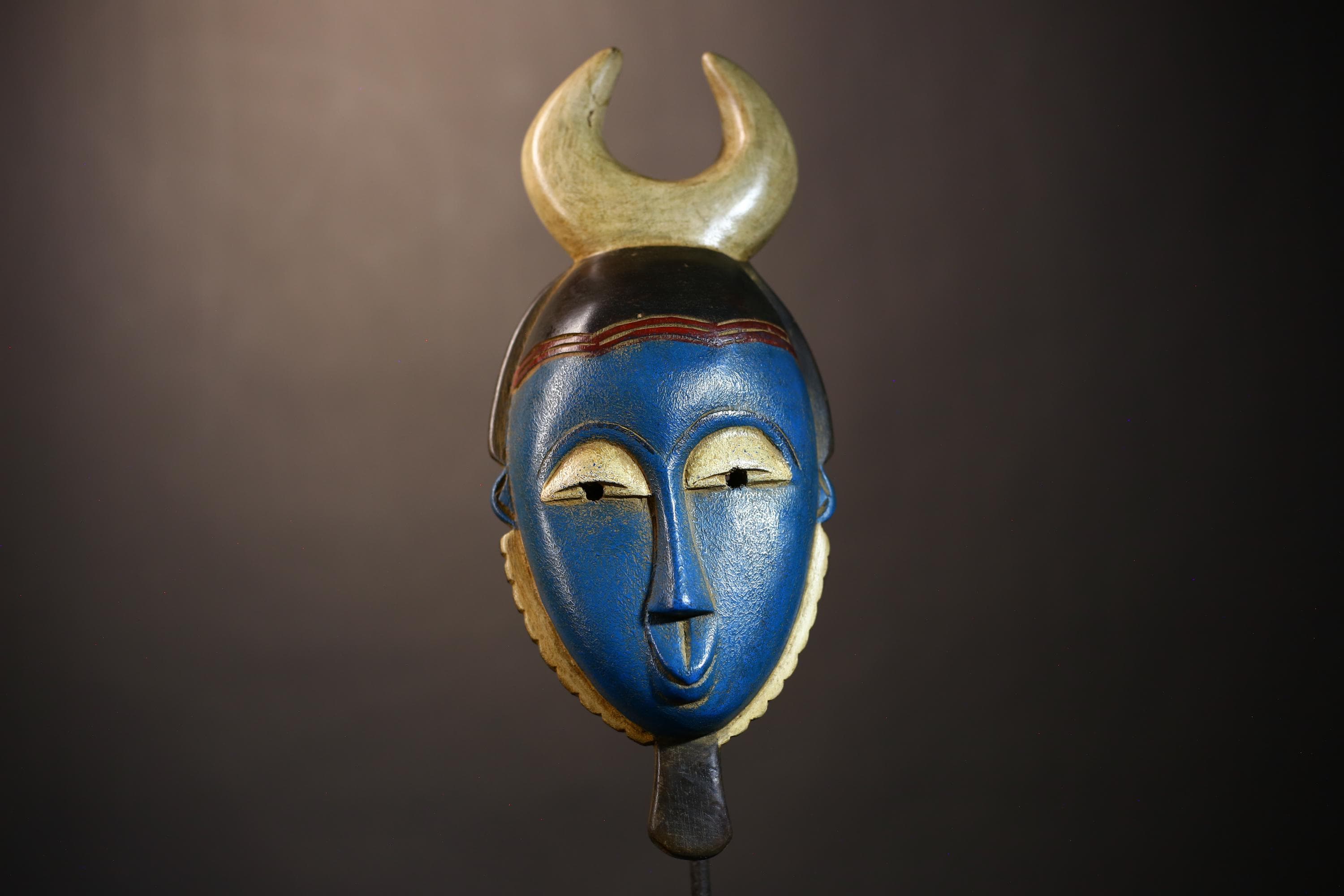 African Vintage Guro Mask Blue with Horns Unique Hand-Carved Wall Decor | Tribal Wall Art | Cultural Home Accent | Folk Art-G5044