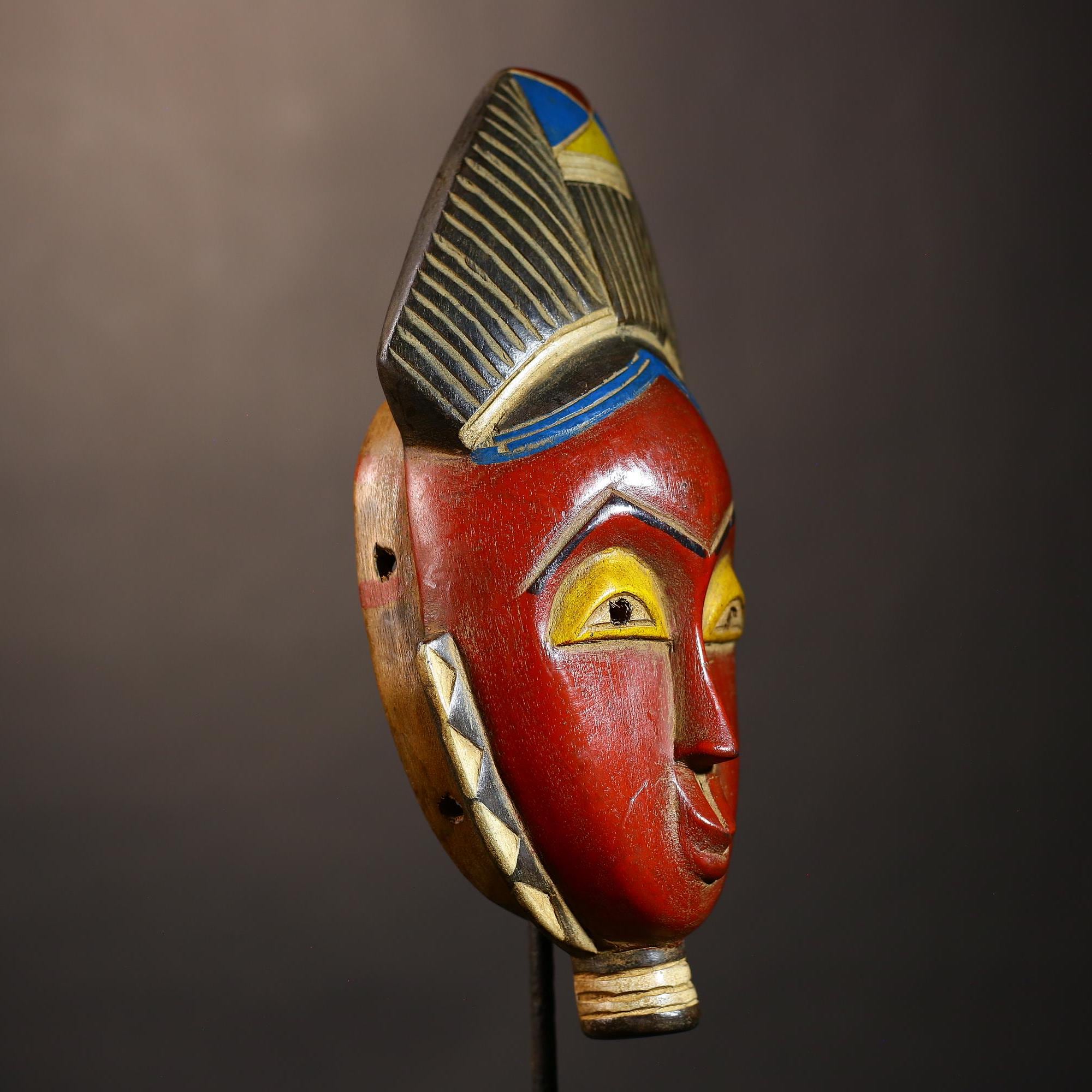 African Vintage Guro Mask | Hand-Carved Red Tribal Art | Unique Wall Décor | Ethnic Home Accent | Artisan Craftsmanship-G5048