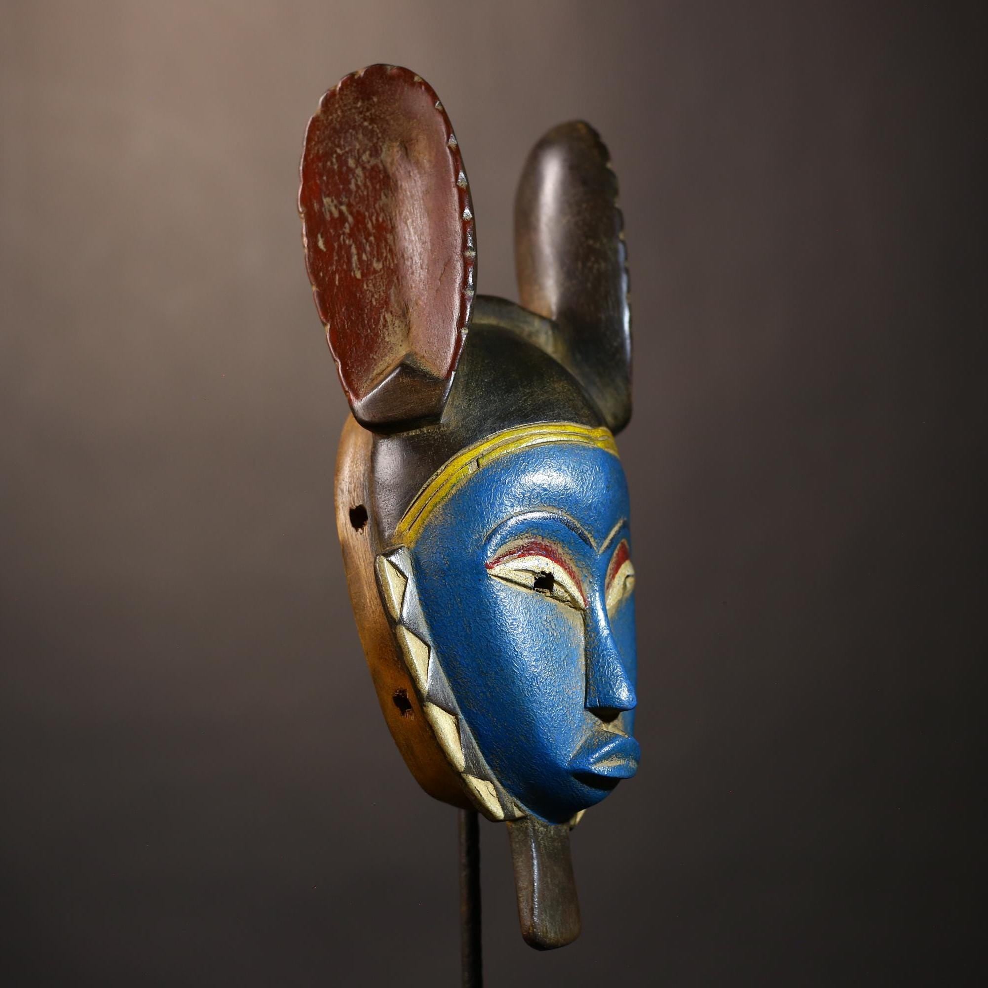 African Vintage Hand-Carved Guro Mask | Tribal Wall Art with Rabbit Ears | Unique Home Decor | Ethnic Craftsmanship | Artisan Piece-G5046