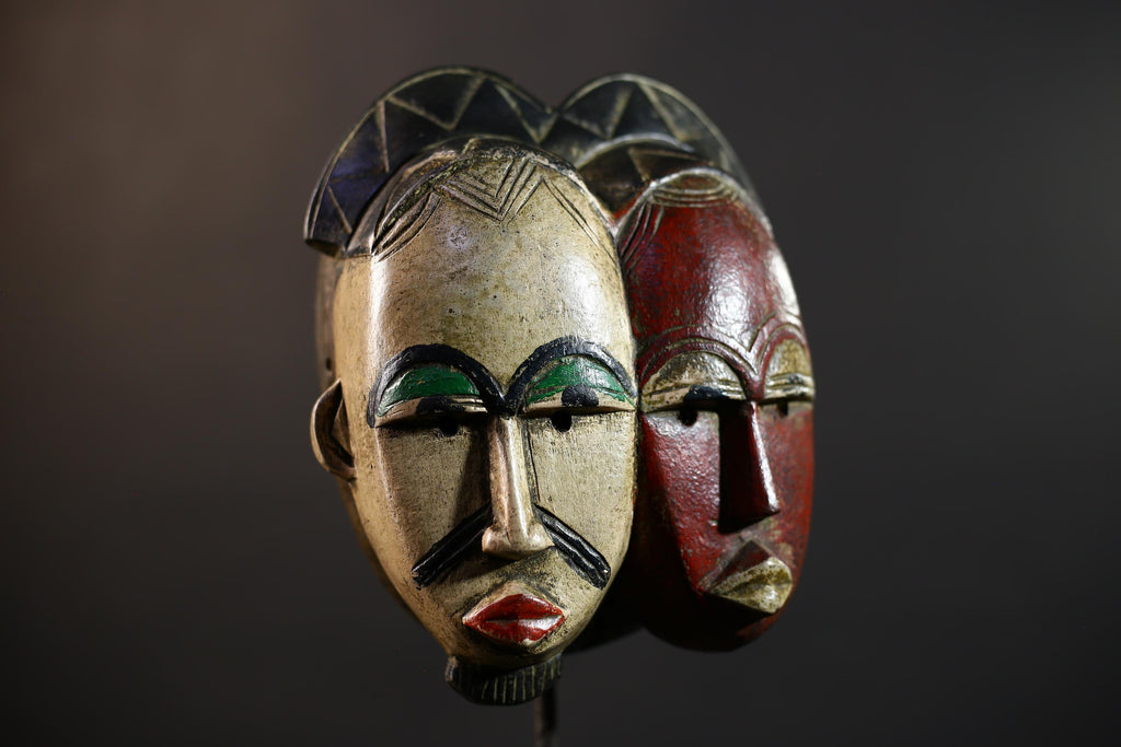 African Baule Mask | Hand Carved Tribal Two Faces | Wall Art Decor Sculpture | Authentic Ethnic Home Accent-G5165