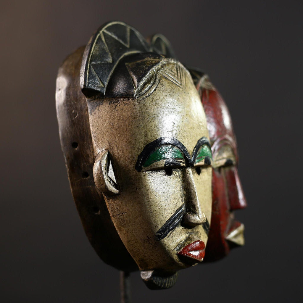 African Baule Mask | Hand Carved Tribal Two Faces | Wall Art Decor Sculpture | Authentic Ethnic Home Accent-G5165