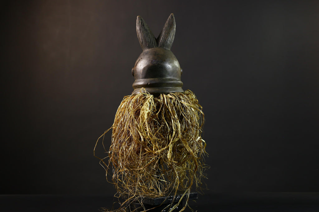 African | Mask | Carved Wooden | Helmet Bondo | Bundu Raffia | Tribal Decor Art | Ethnic Home Accent | Handmade Sculpture-G5171