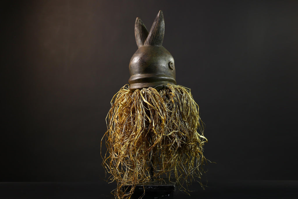 African | Mask | Carved Wooden | Helmet Bondo | Bundu Raffia | Tribal Decor Art | Ethnic Home Accent | Handmade Sculpture-G5171
