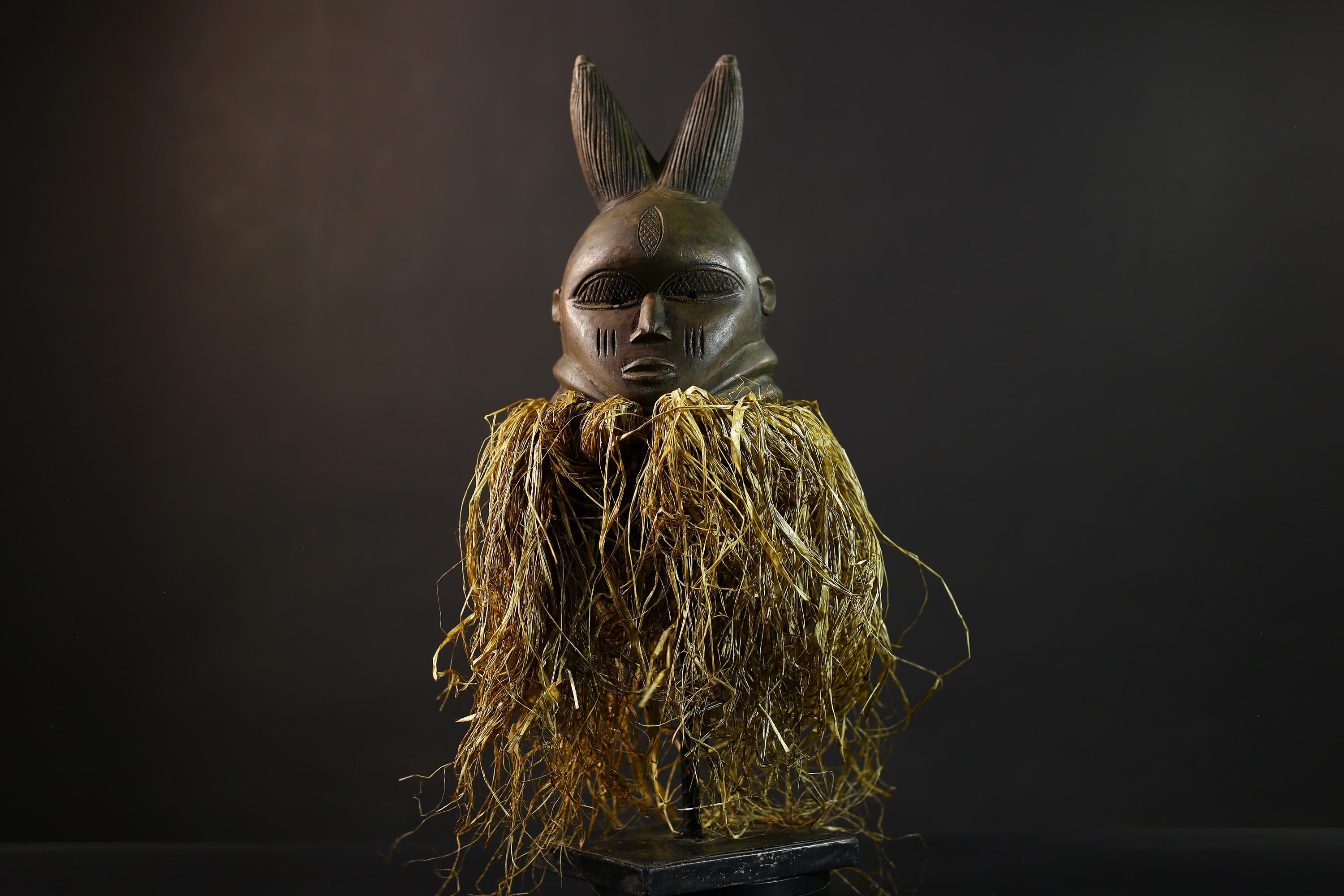 African | Mask | Carved Wooden | Helmet Bondo | Bundu Raffia | Tribal Decor Art | Ethnic Home Accent | Handmade Sculpture-G5171