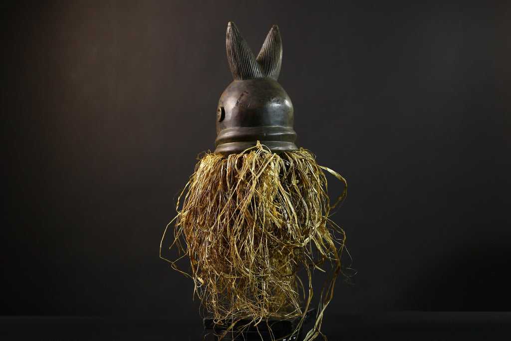 African | Mask | Carved Wooden | Helmet Bondo | Bundu Raffia | Tribal Decor Art | Ethnic Home Accent | Handmade Sculpture-G5171